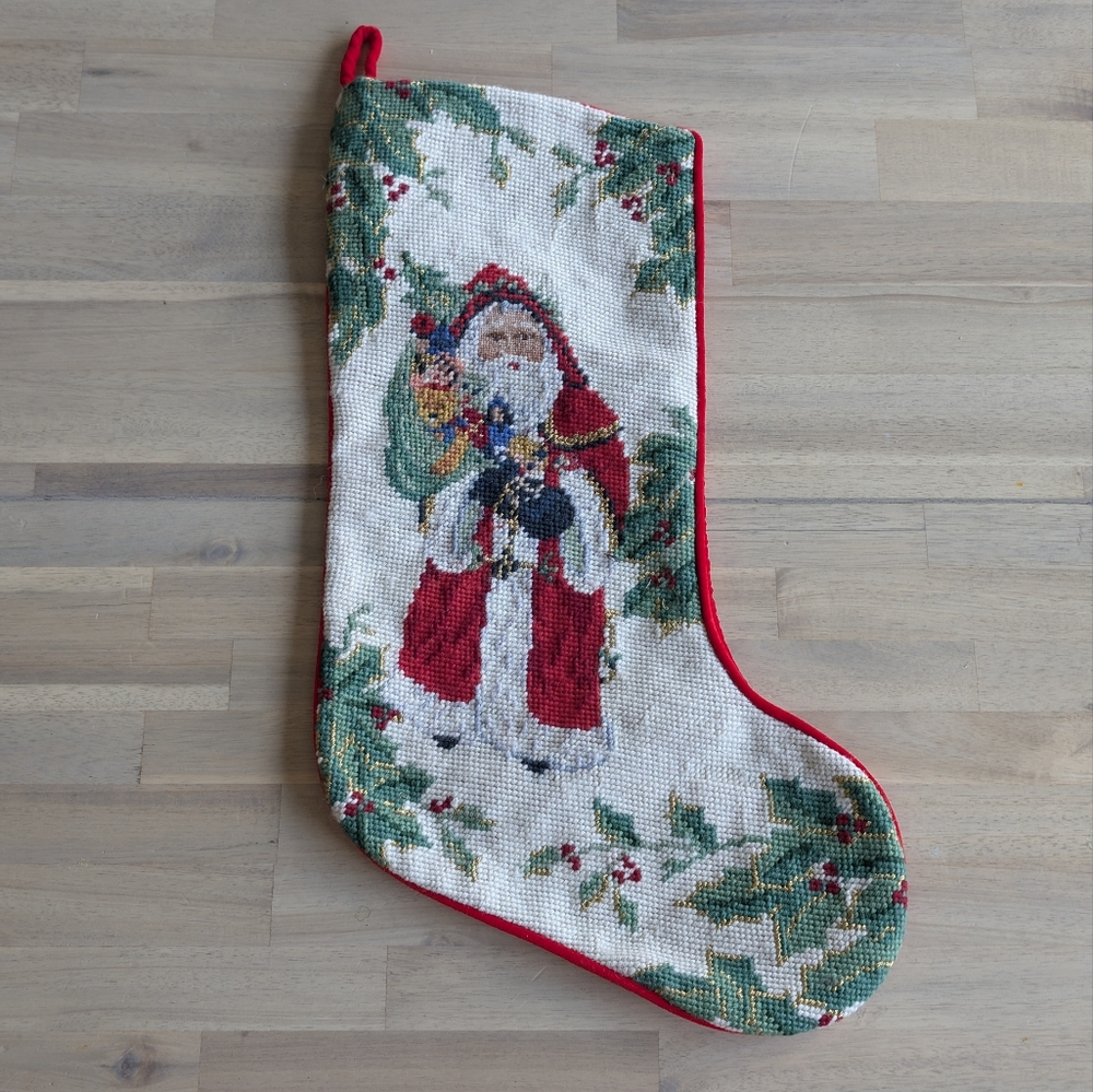 Christmas Hand Needlepoint Stocking Victorian Santa, Toy Sack, Holly Embroidery